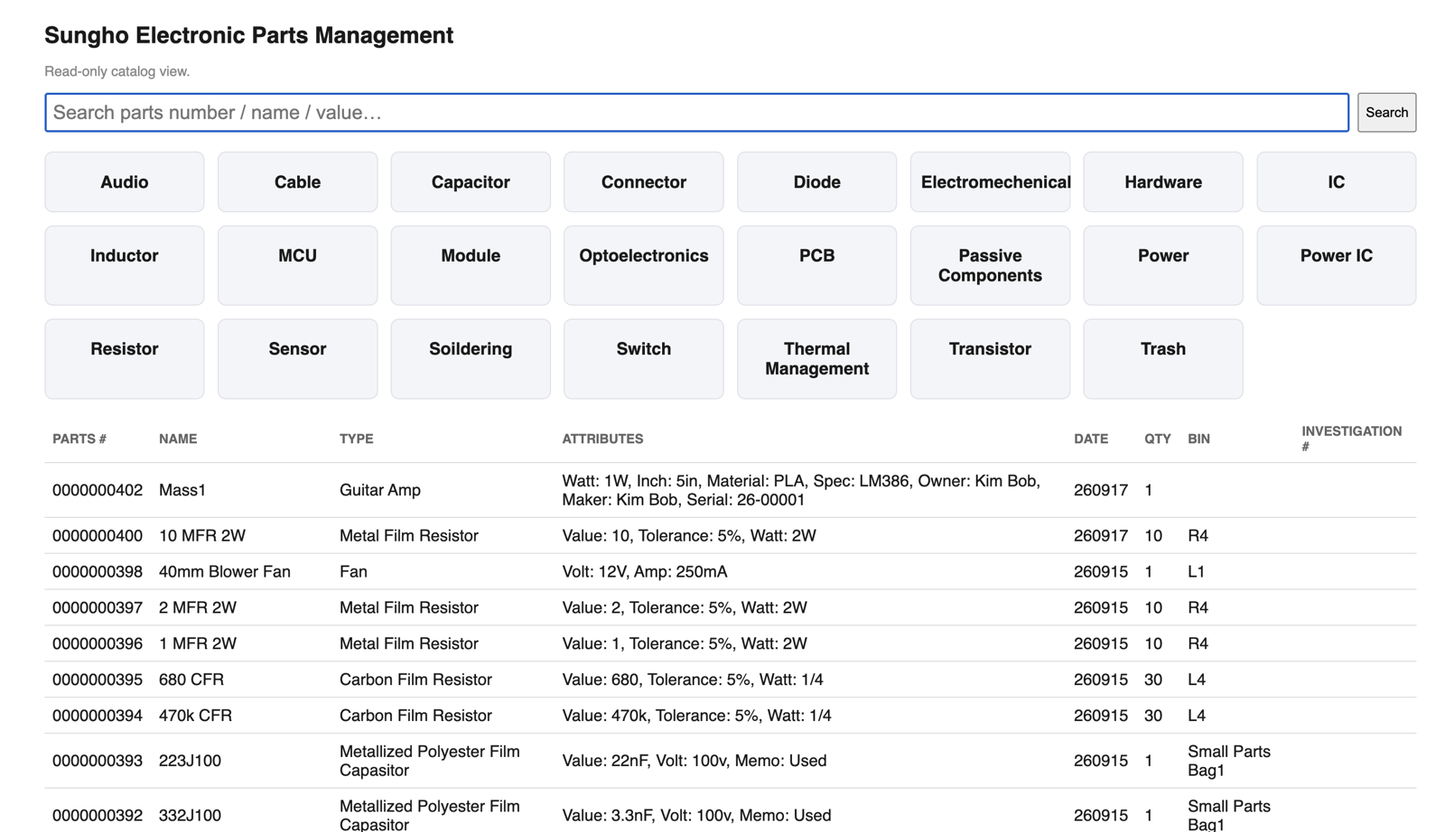 Parts Management UI — category filters and a searchable parts table with quantity and bin location